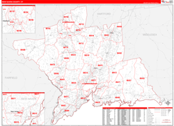 New Haven County, CT Wall Map Zip Code Red Line Style 2024